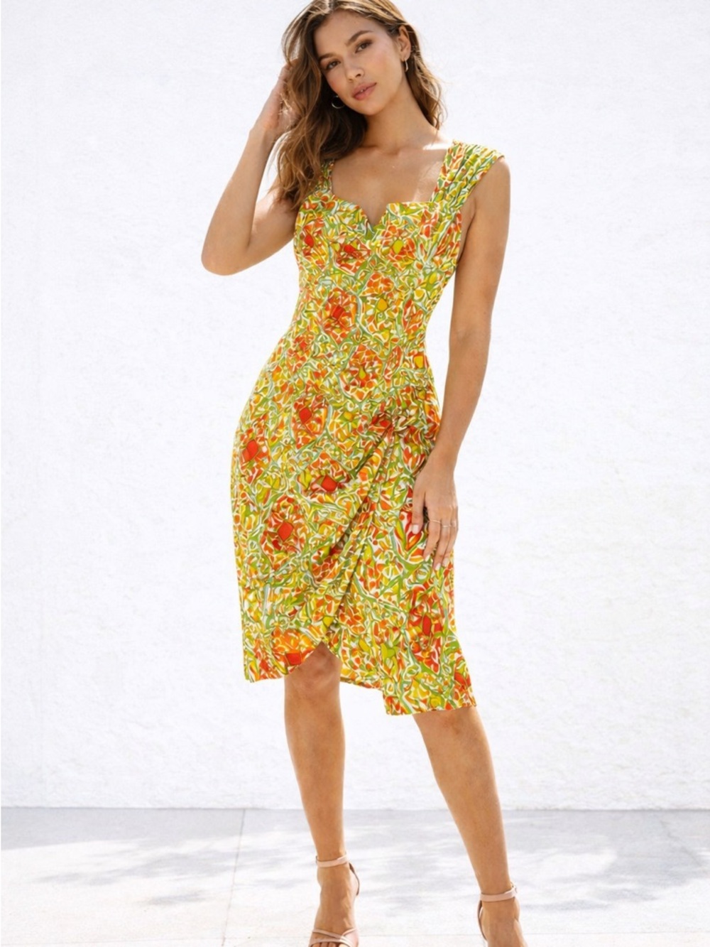 La Belle Vintage Retro Print Midi Dress Orange Green Draped Summer Dress size 7